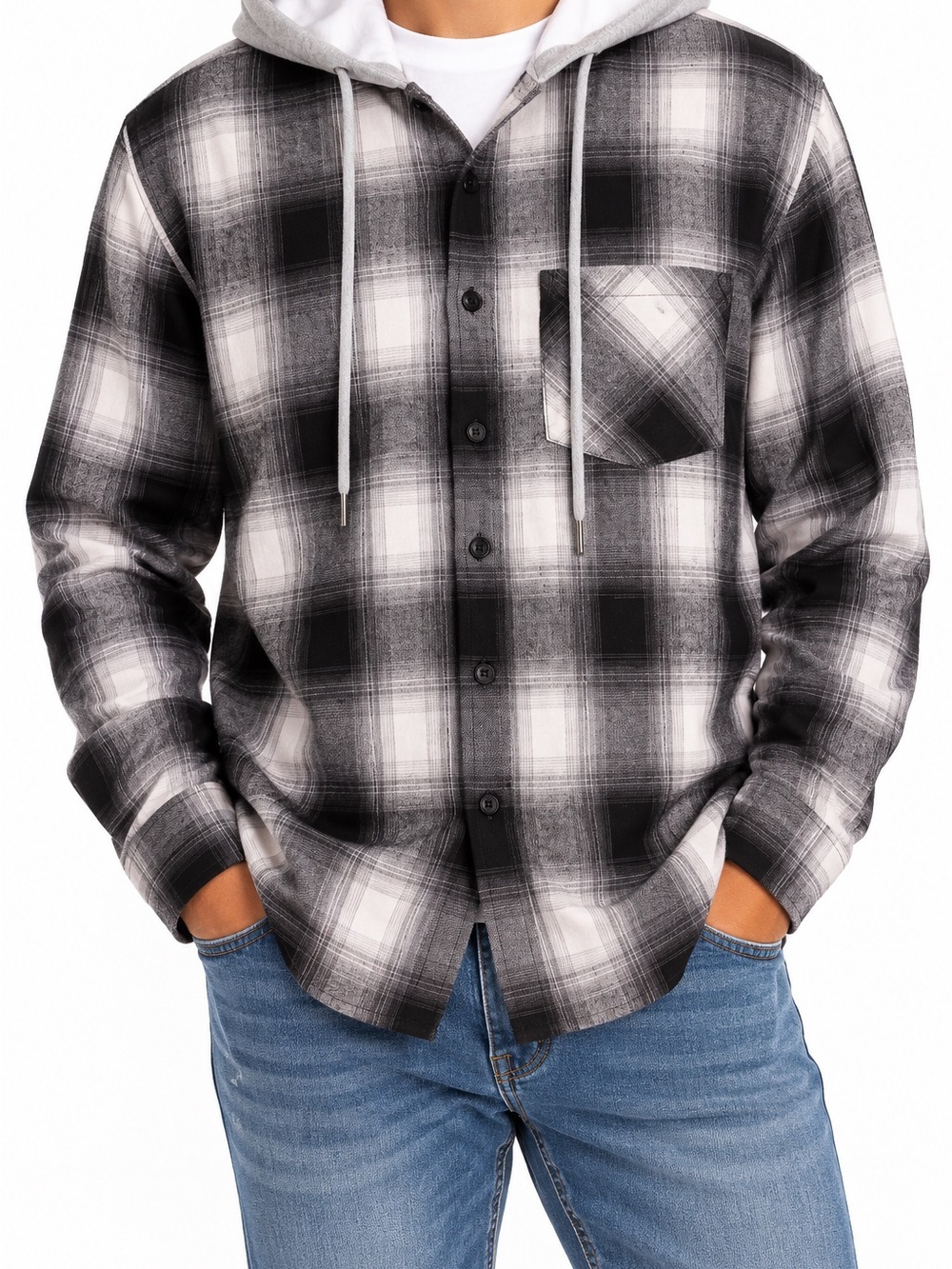 Men’s Plaid Hooded Button-Up Shirt Baggy Fit Size Small